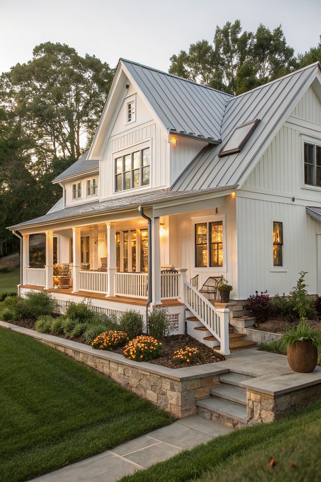 A white two-story farmhouse with a gray metal roof, front porch supported by columns, and stone steps with flower beds along the foundation.