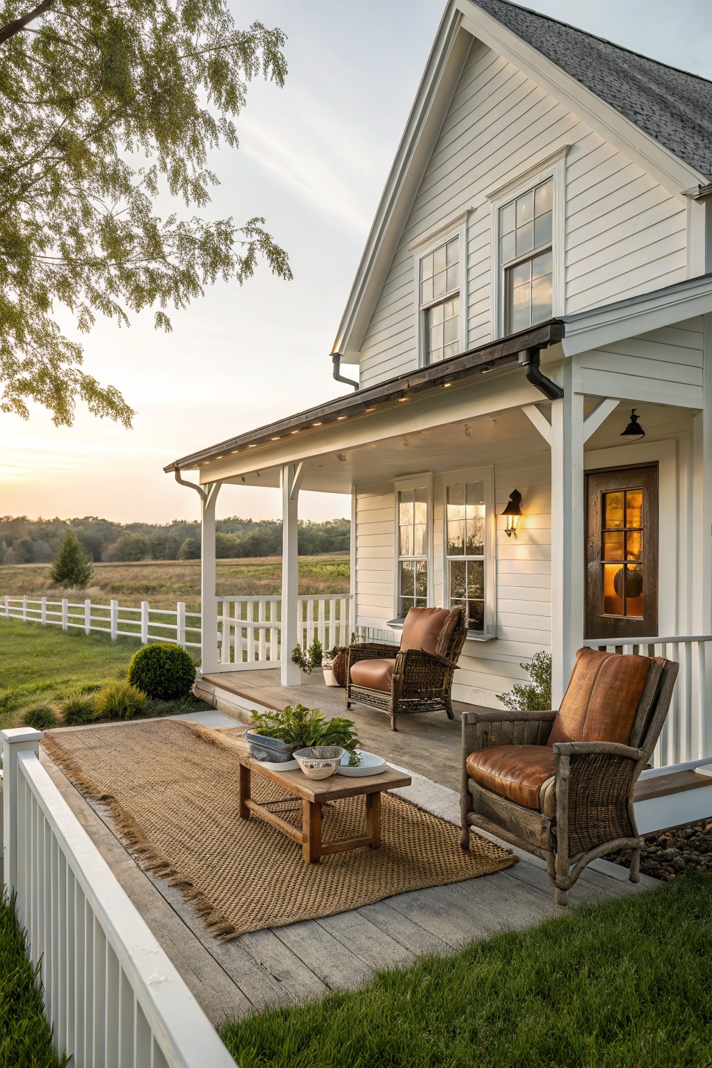 A white farmhouse porch at dusk featuring brown leather wicker chairs, a wooden coffee table, and a large woven rug on the wooden deck.
