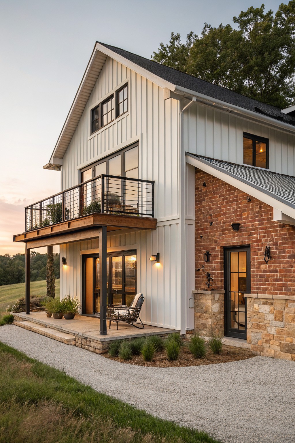 Modern white farmhouse with brick base, balcony, black trim, and gravel driveway at dusk.