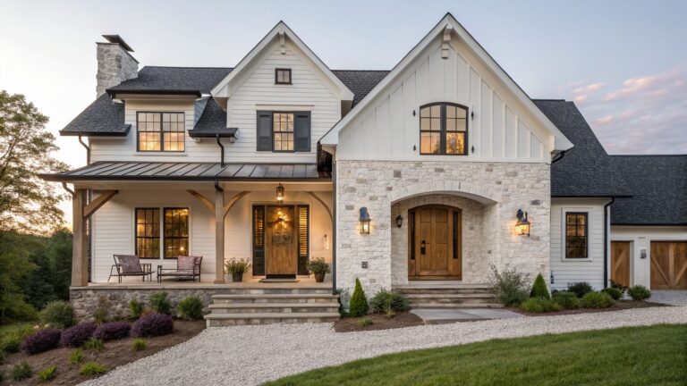 A white farmhouse with stone on the foundation and porch supports, a wooden front door, and stone steps leading to a covered entry.