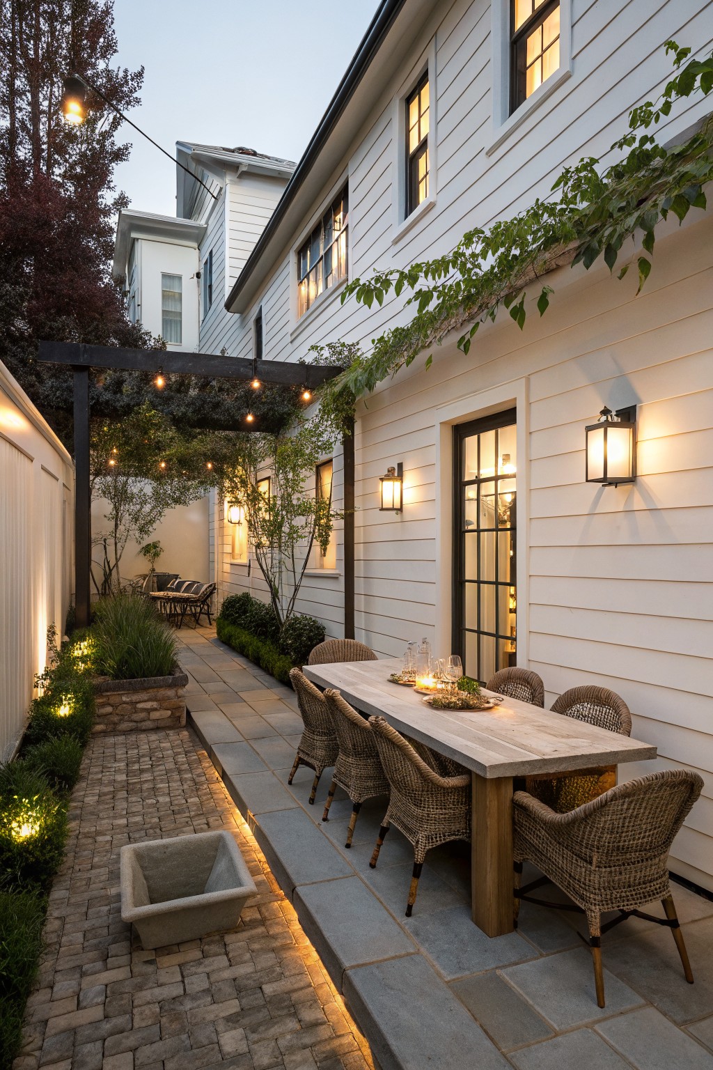 White farmhouse exterior with wood siding, a long outdoor dining table on a stone patio, brick pathway, and stone planter along the side of the house.
