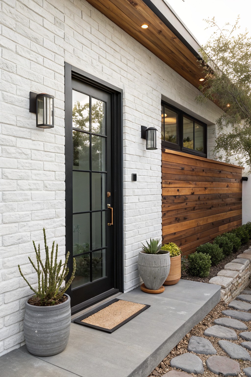 A white painted brick house exterior featuring a black-framed glass door, horizontal wood siding panels, two wall sconces, and potted plants beside a concrete entry step.