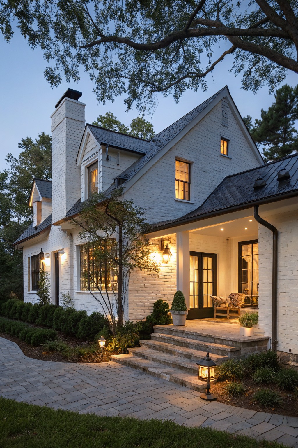 A white painted brick farmhouse with a tall chimney, dark shingle roof, black-framed windows, and a lit covered porch at dusk.