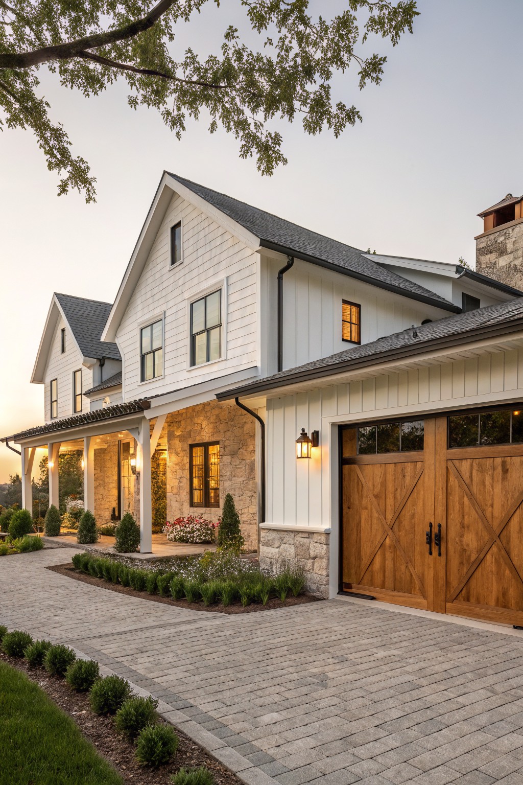 Modern white farmhouse with wooden barn doors, stone accents, and paved driveway.