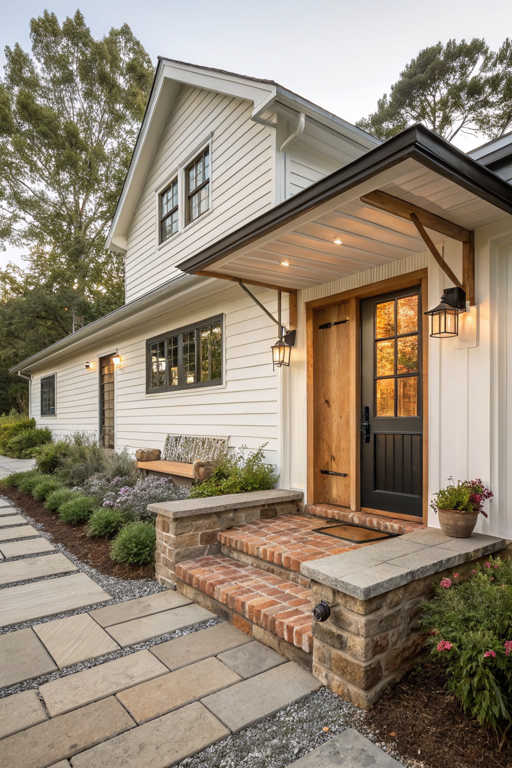 A white farmhouse exterior with a stone porch base, brick steps, a wooden front door, and a black door with glass panels.