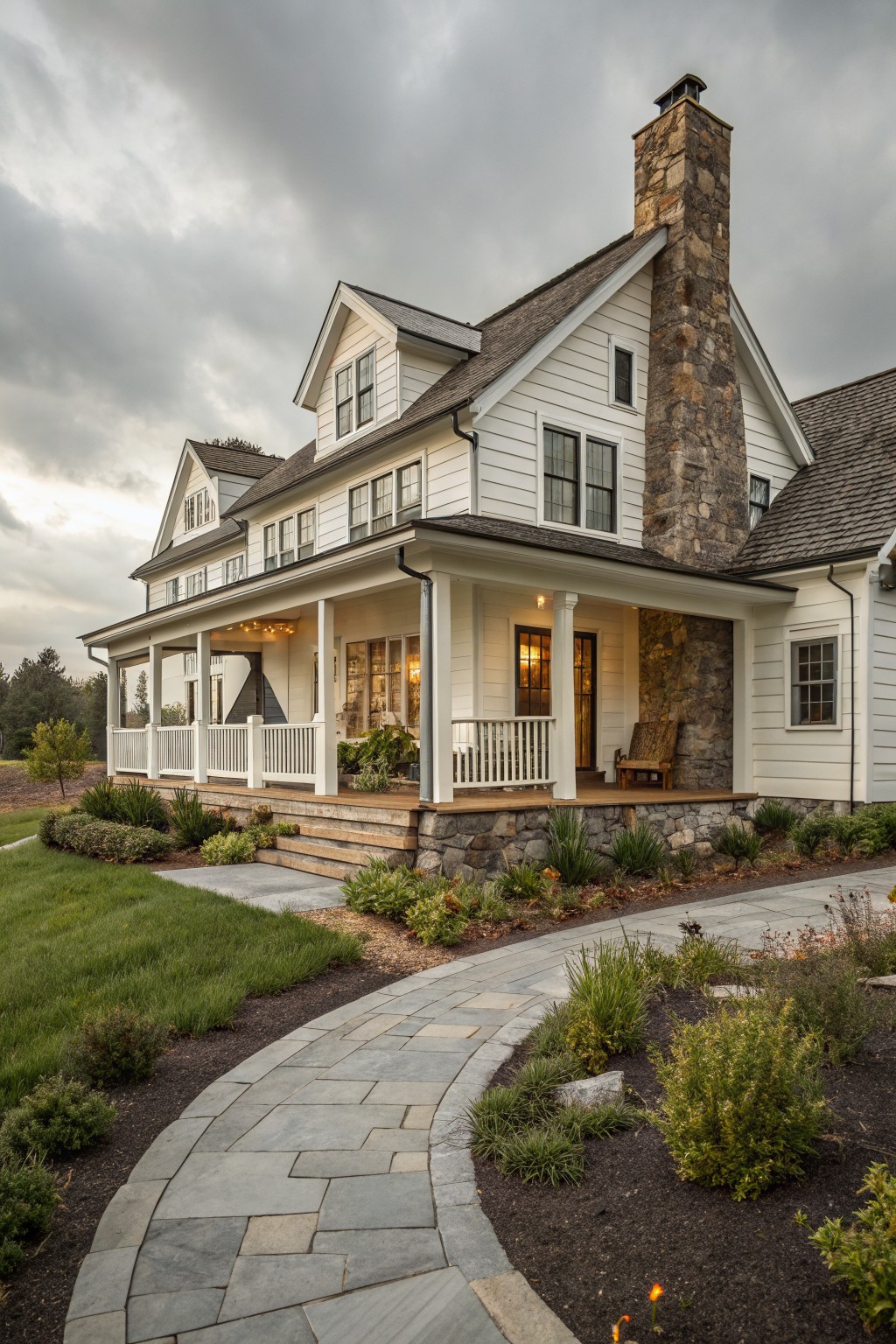White two-story farmhouse with dark roof, large stone chimney, covered porch with white railings, and stone foundation.