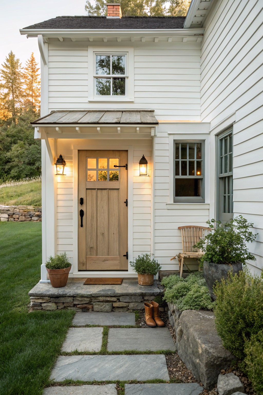 A white farmhouse exterior with a natural wood front door, stone foundation, stone steps, and a stone pathway.