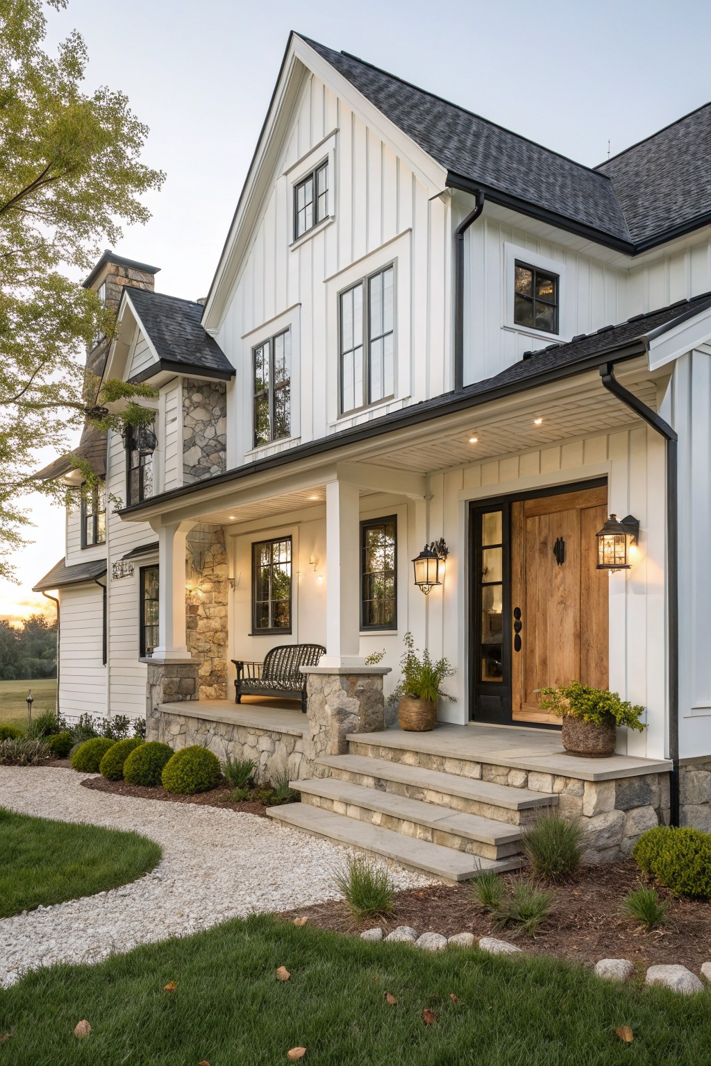 A white farmhouse with stone on the foundation and porch supports, a wooden front door, and stone steps leading to a covered entry.