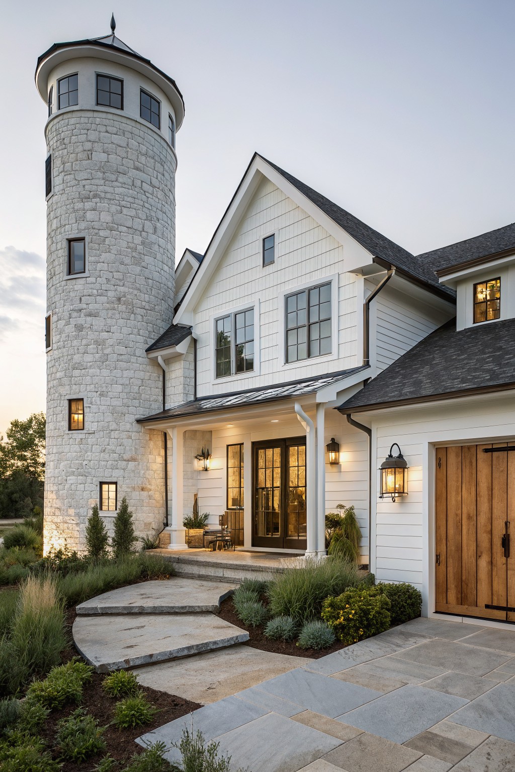 White farmhouse with a tall round stone tower on the left side and white siding on the main structure.