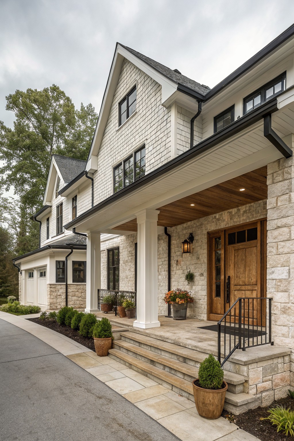 Large white shingled house with stone porch, wooden door, and potted plants.