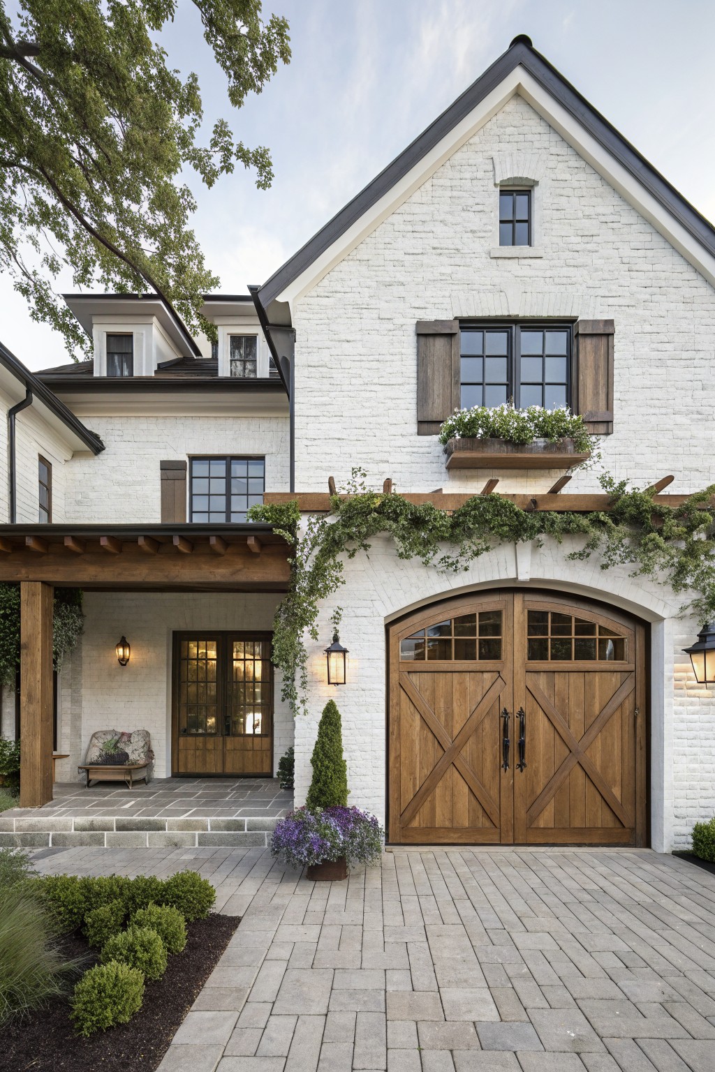 White brick house with large wooden garage doors, flower boxes, and stone driveway.