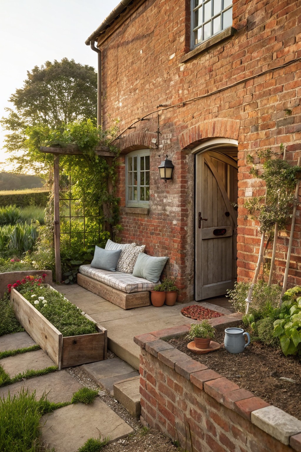 A brick farmhouse exterior featuring a wooden door, a cushioned bench against the wall beside a window, and raised garden beds along the path.