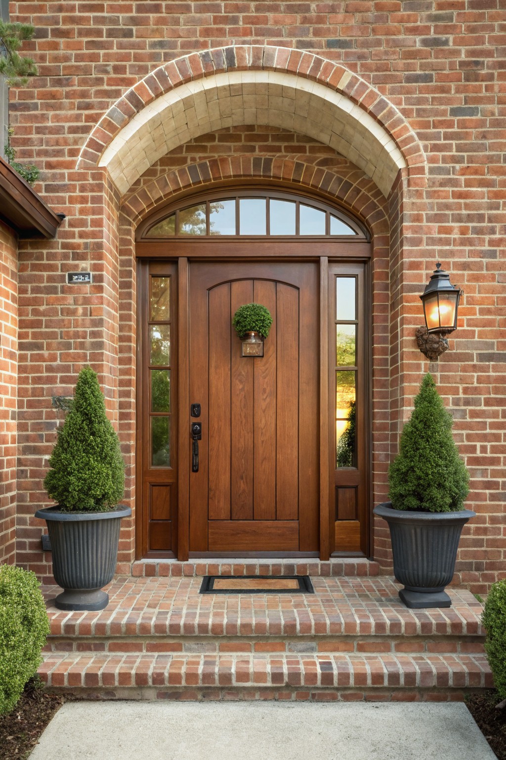 A brick house front entrance featuring a prominent arched brick doorway over a wooden door, with potted evergreen shrubs on brick steps and a wall lantern to the right.