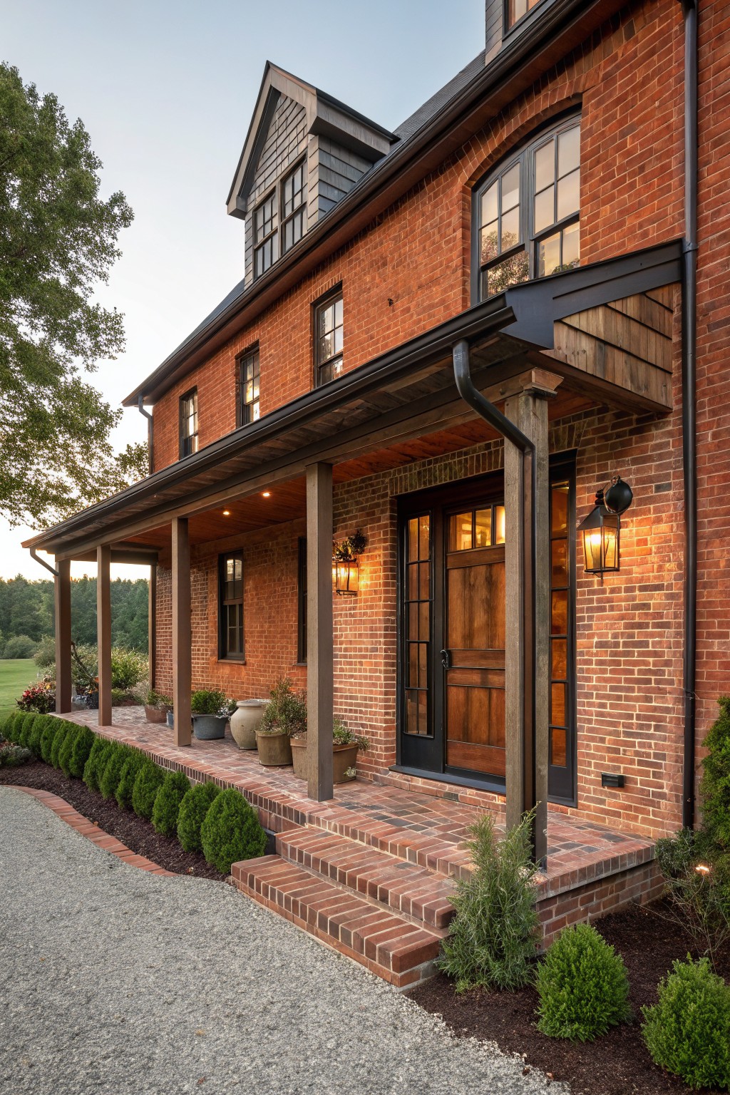 Front view of a red brick house with a covered porch supported by wooden posts, a wooden front door, brick steps, and black-framed windows.