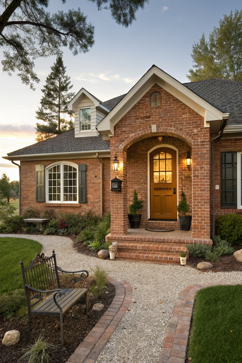 A red brick house exterior with an arched brick entry featuring a wooden door, two wall lanterns, and potted plants on the steps.