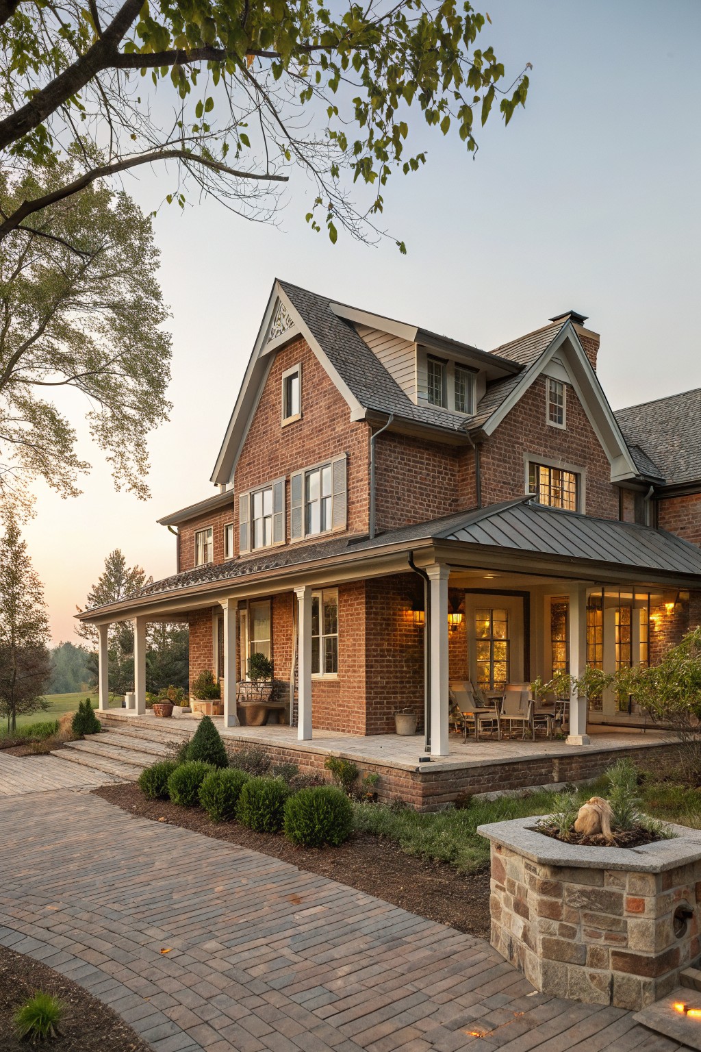 A two-story red brick farmhouse with multiple gables, white porch columns, and a covered outdoor seating area.