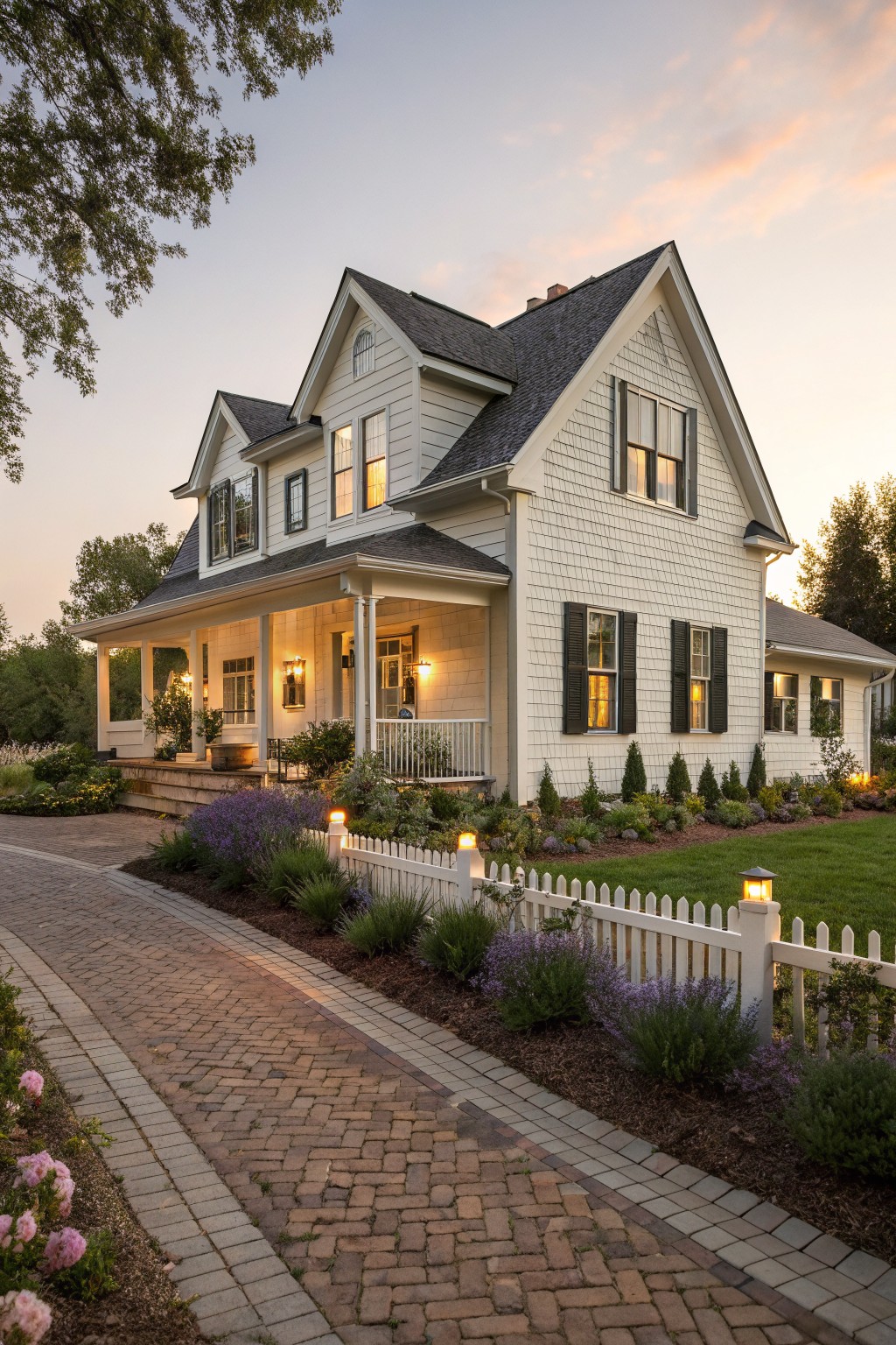 A white two-story farmhouse with dark shutters and a front porch, viewed from a curved brick pathway bordered by white picket fencing and landscaping at dusk.