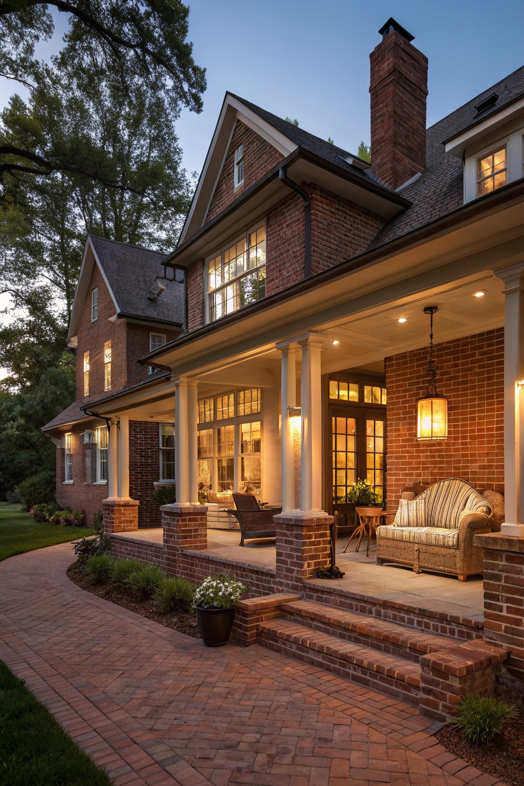A brick farmhouse exterior at dusk showing a covered porch with white columns resting on brick piers, brick steps, and a striped sofa on the porch.