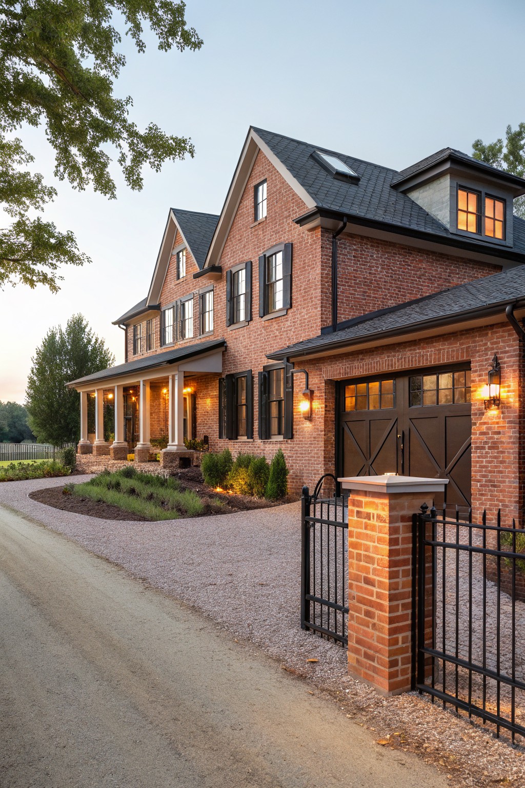 A red brick farmhouse exterior with black shutters, dark garage doors, a gravel driveway, and a black metal gate at the entrance.
