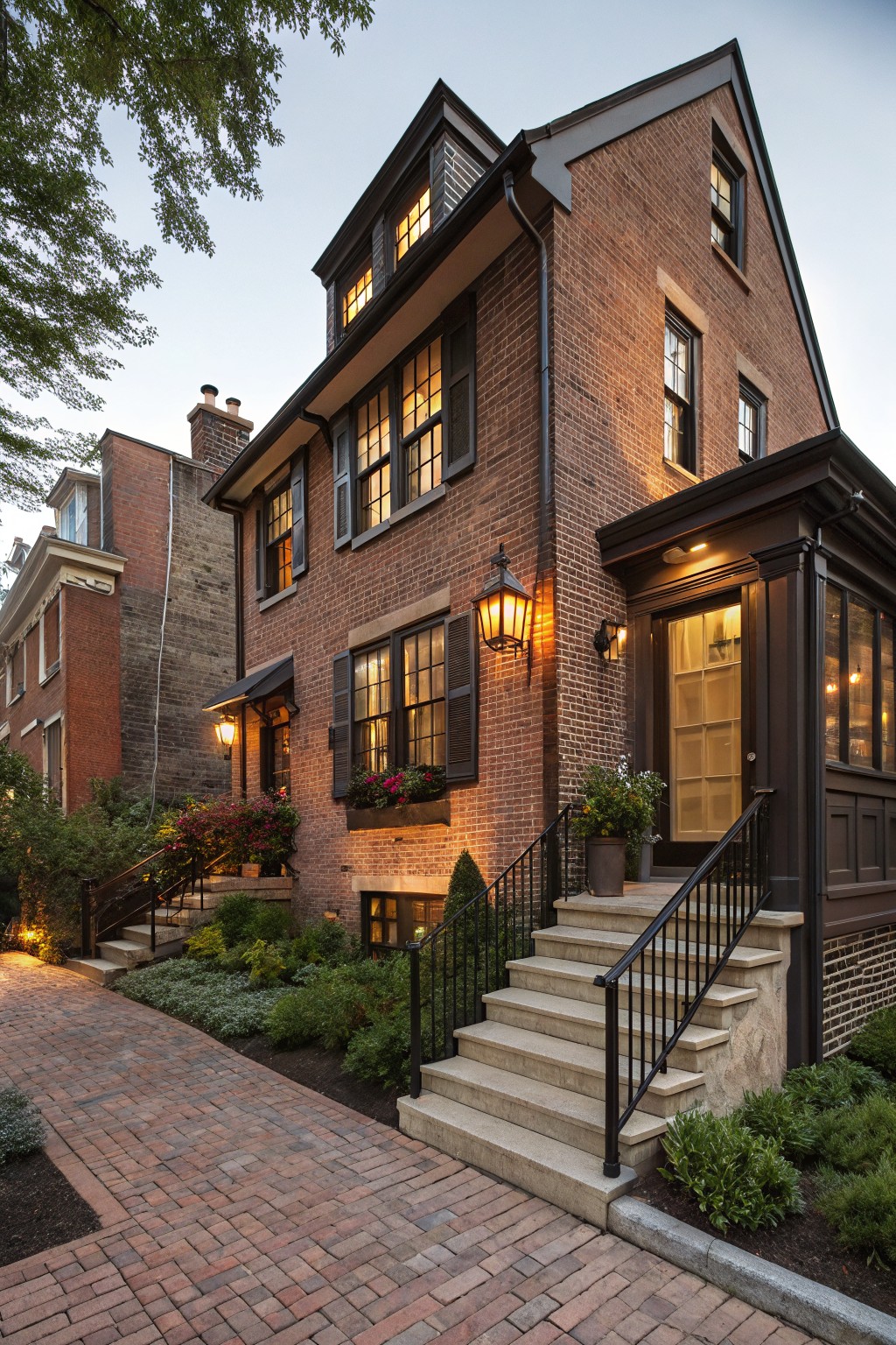 A two-story brick house with dark trim, shutters, and a stone entry staircase at dusk.