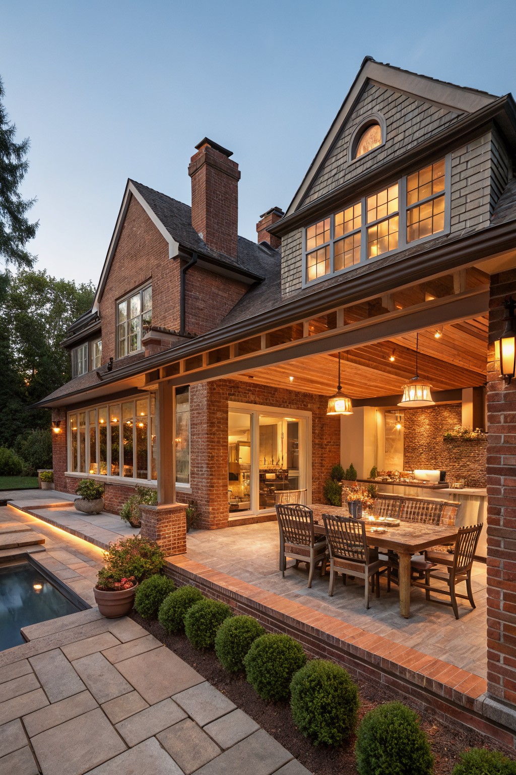 A brick farmhouse exterior with a covered wooden patio holding a long dining table and chairs, open to the backyard and pool area.