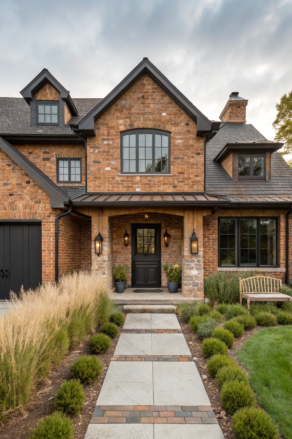 Front view of a brick farmhouse exterior with black-framed windows, a black door under an arched brick entry, black lanterns, and a stone pathway.