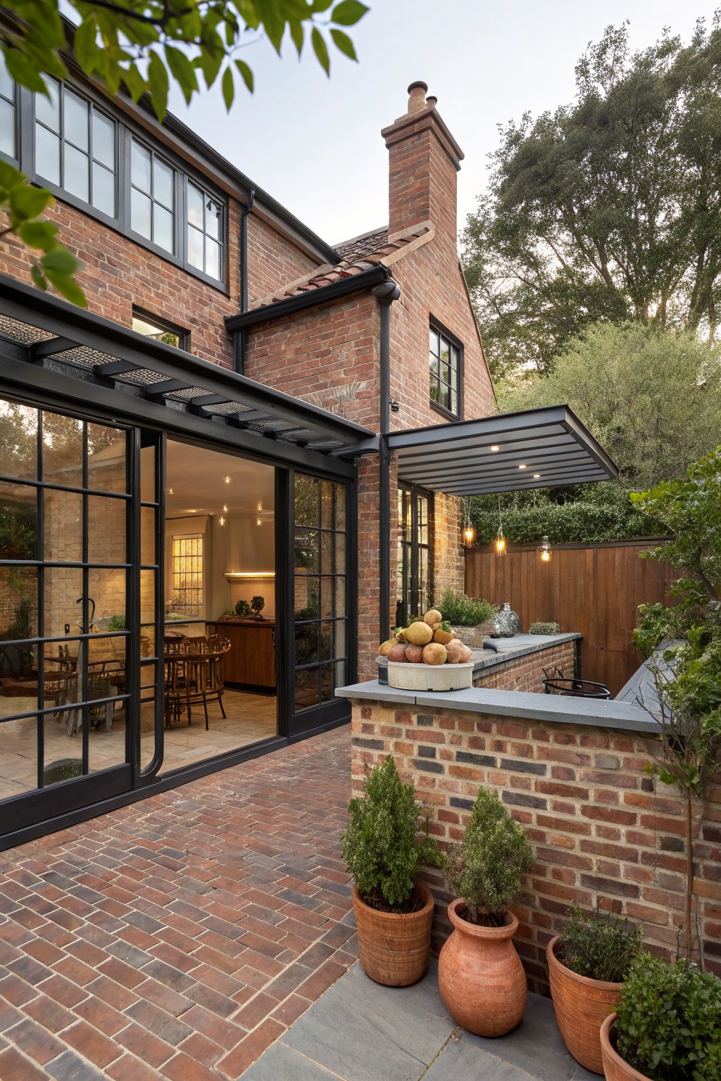 Brick house patio with open doors, outdoor kitchen, potted plants, fruit bowl.
