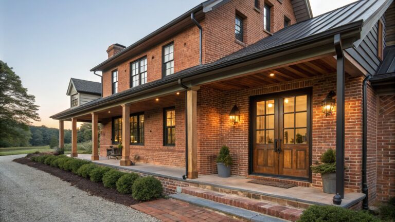 Front view of a red brick house with a covered porch supported by wooden posts, a wooden front door, brick steps, and black-framed windows.