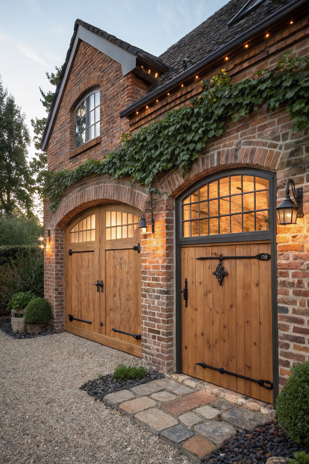 A brick farmhouse exterior with two wooden garage doors set into arched brick openings, one double door and one single door, with climbing vines and wall-mounted lights.