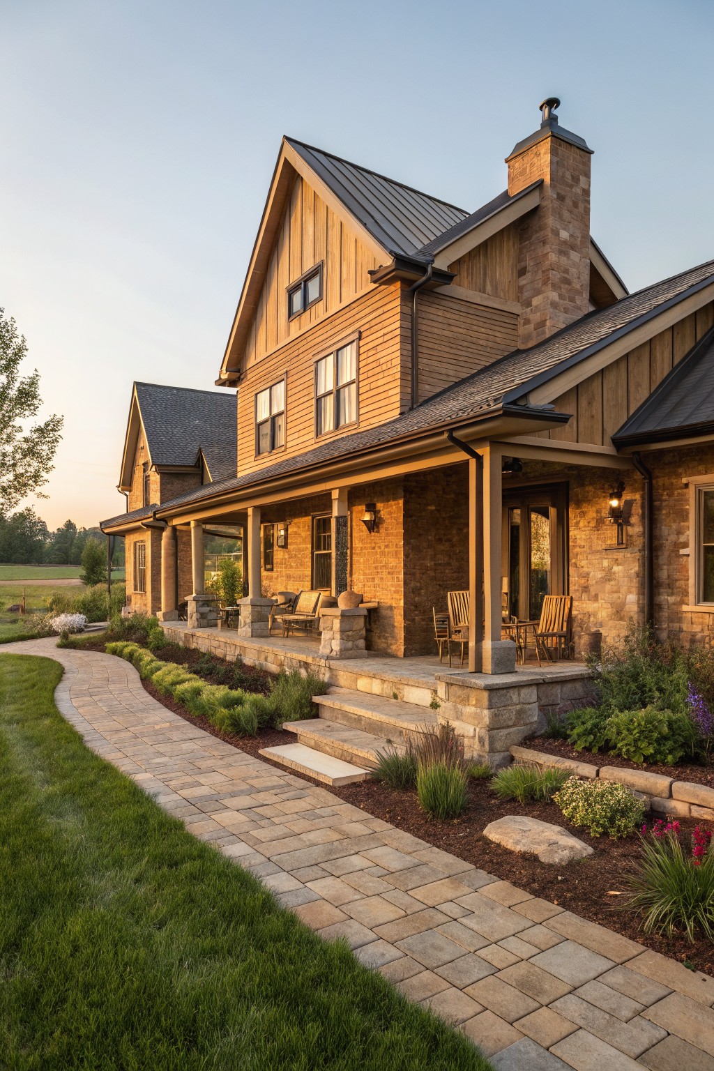 A large brick farmhouse with wood siding, a covered porch, and a stone chimney viewed from the front at dusk.