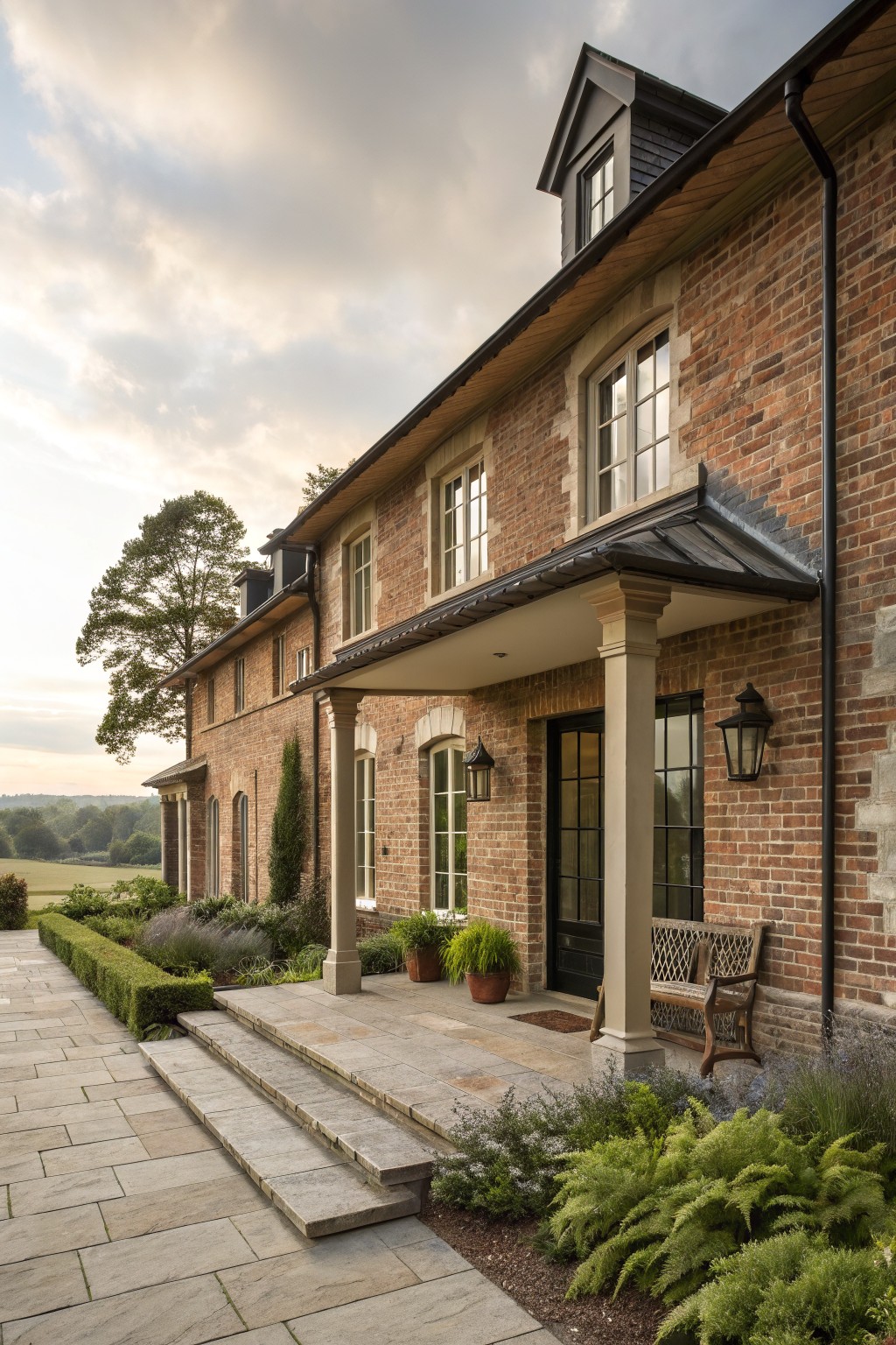 A brick farmhouse exterior with a covered entry porch supported by two stone columns, a dark door, and multiple windows.