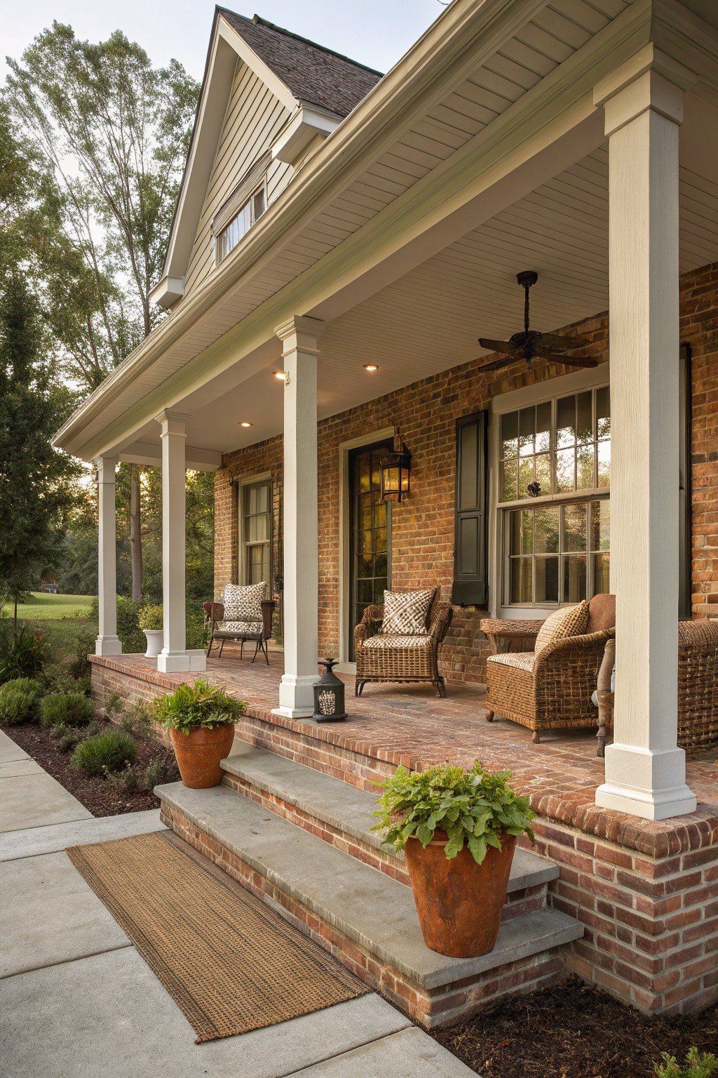 A brick farmhouse with a wide covered porch supported by white columns, brick steps, and potted plants along the front.