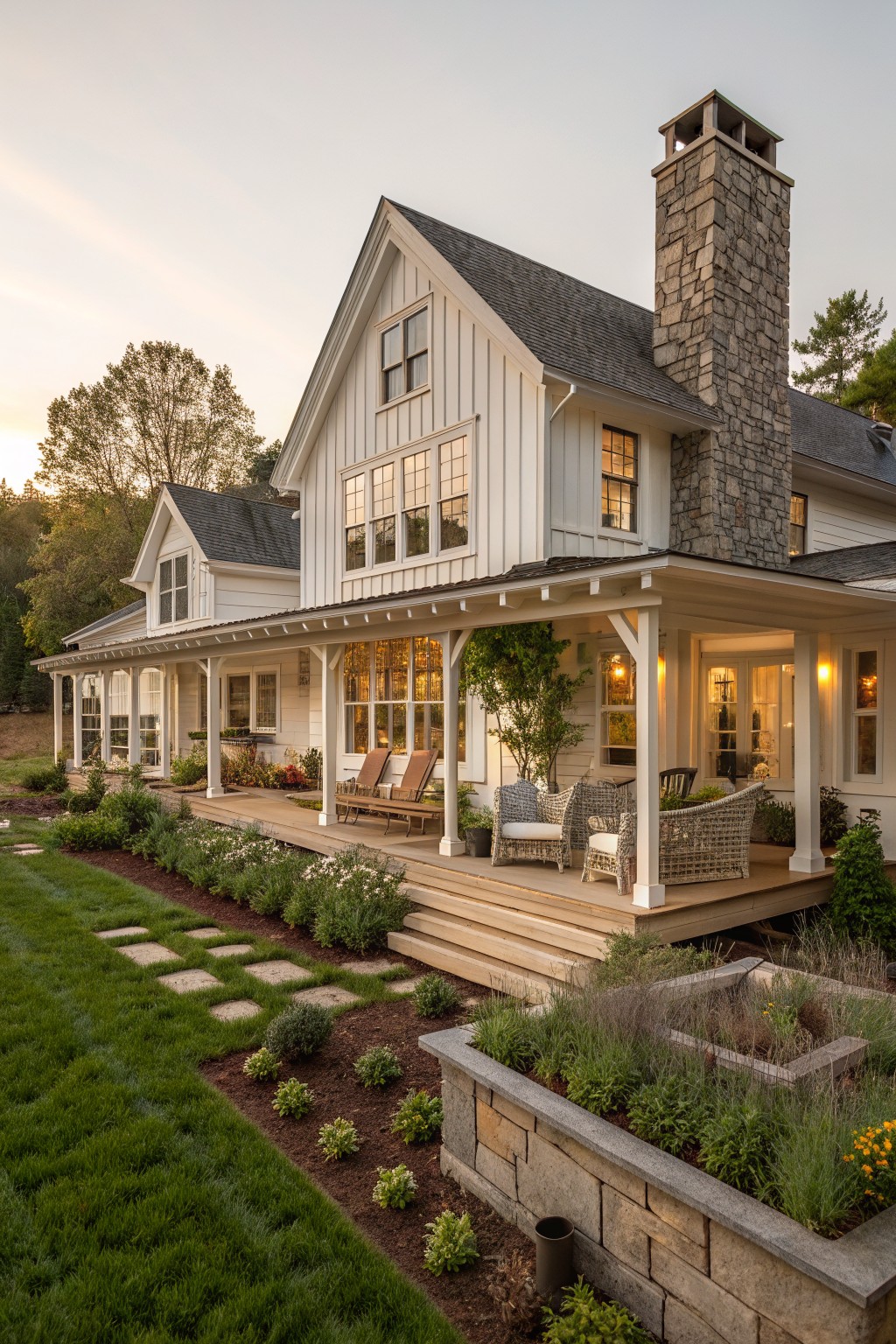 A white farmhouse exterior with a large wrap-around porch, wicker seating, wooden decking, and a tall stone chimney, bordered by garden beds and a stone retaining wall.