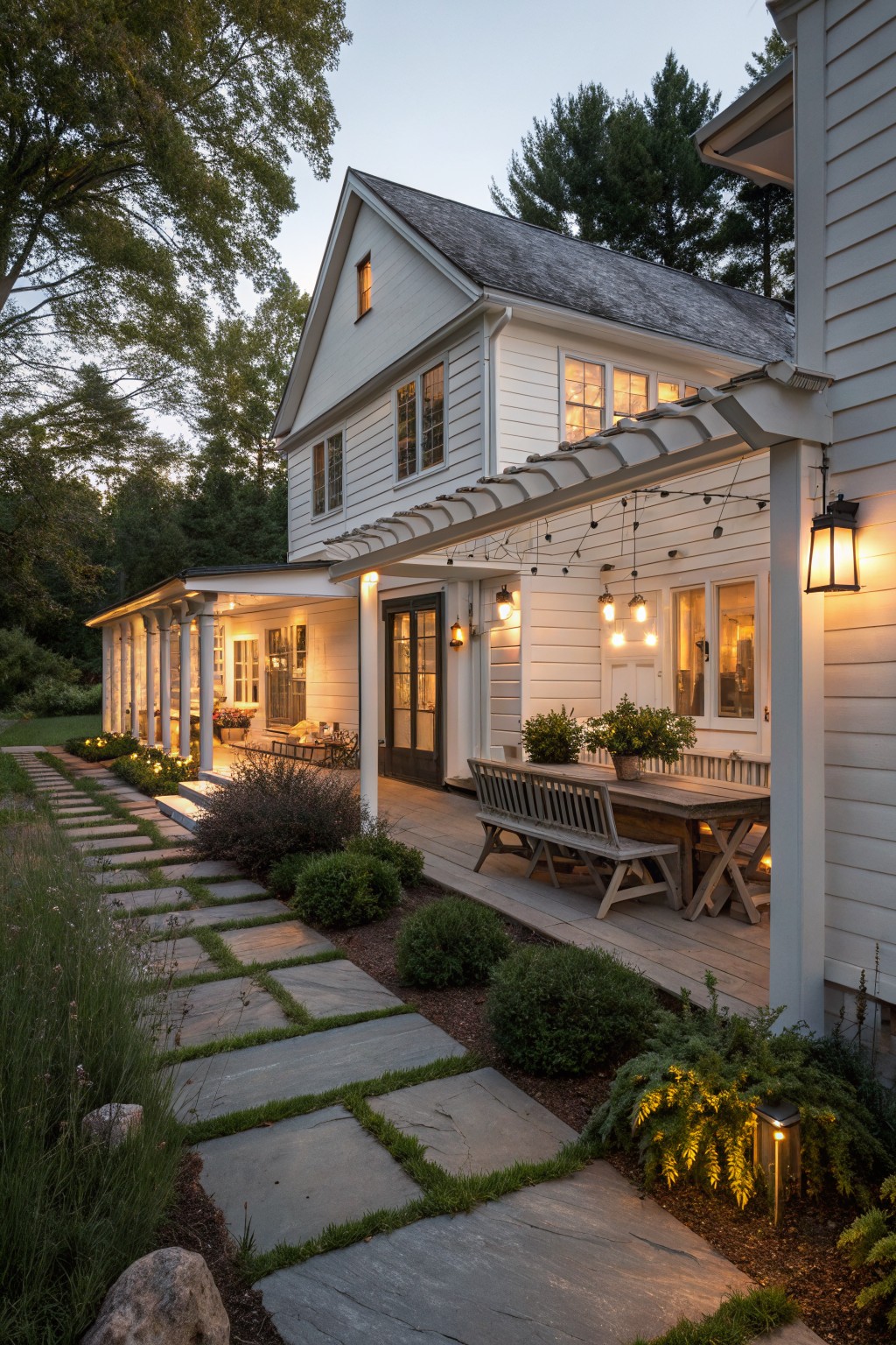 A white two-story farmhouse exterior with a covered wooden deck, string lights, bench seating, and a stone pathway bordered by shrubs at dusk.