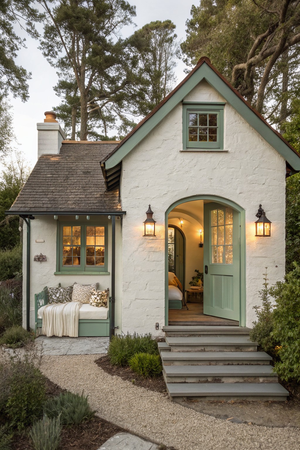 A white stucco cottage with green trim shows an arched entry with an open green door, stone steps, and wall lanterns on either side.