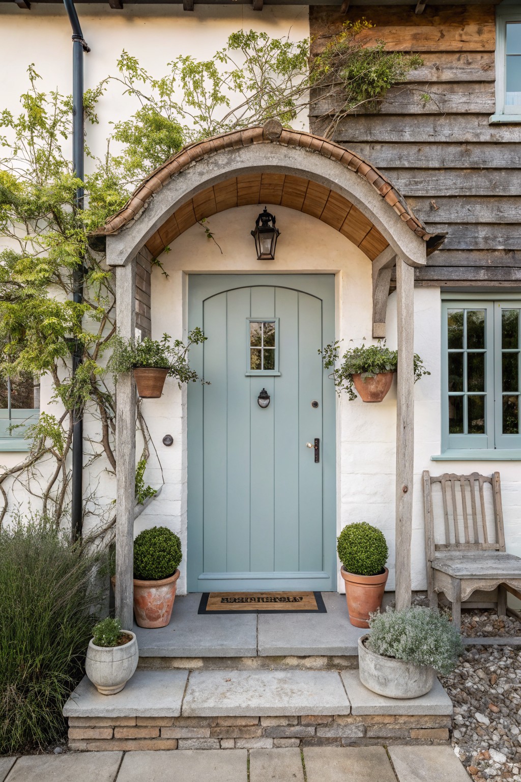 A light blue door centered under a curved stone and wood arch on a white and weathered wood house exterior, with potted plants on both sides of the doorway.