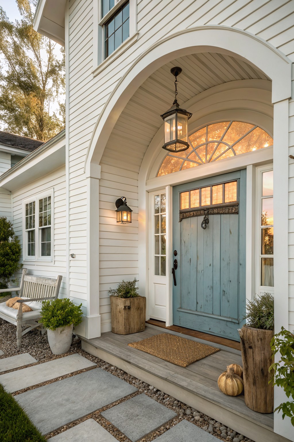 Front view of a white house with horizontal siding, featuring a white arched portico above a light blue door, two lanterns, and potted plants on the porch.