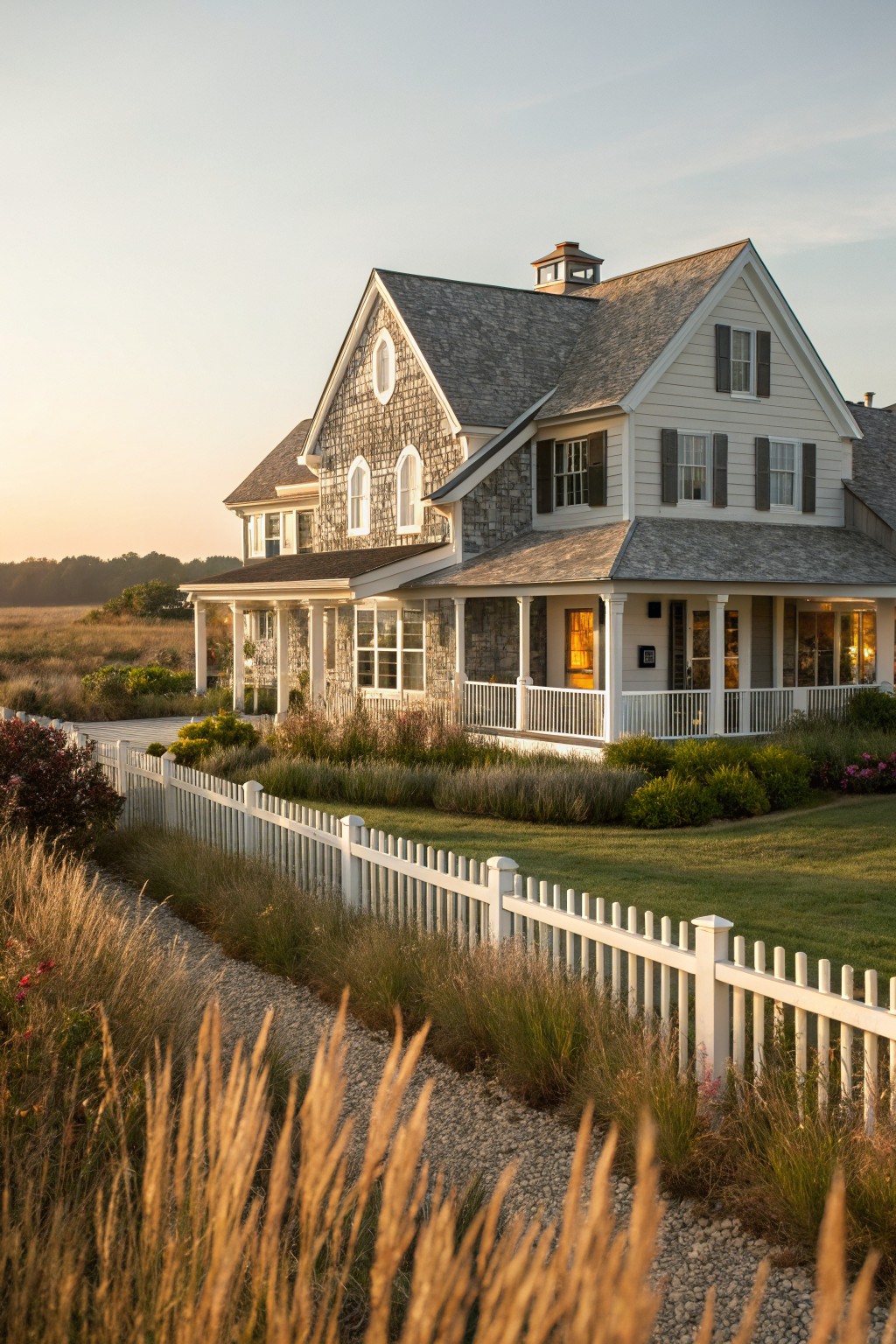 A two-story coastal cottage farmhouse with gray stone on the lower walls, white siding above, a shingled roof, white trim, and a white picket fence bordering a gravel path.