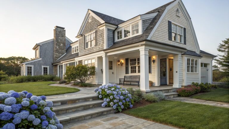 A gray shingled house with white trim, a covered front porch, stone pathway, and blue hydrangeas along the edges.