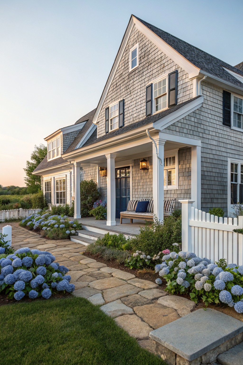 A gray shingled house with white trim, a covered front porch, stone pathway, and blue hydrangeas along the edges.