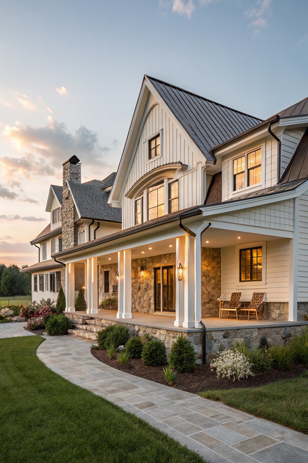 Spacious white house with stone porch, columns, and glowing windows at twilight