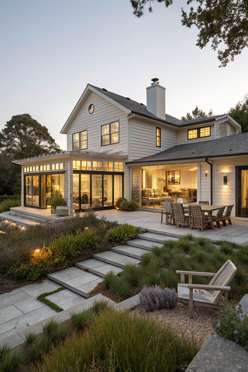 A white farmhouse with a large patio featuring an outdoor dining table and chairs, stone steps leading to a landscaped garden, and illuminated windows at dusk.