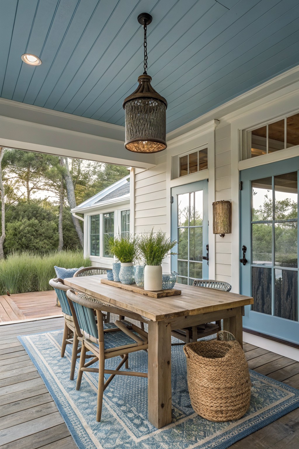 A wooden dining table with several chairs sits on a blue rug under a covered porch with a hanging light, blue doors, and white house siding visible.