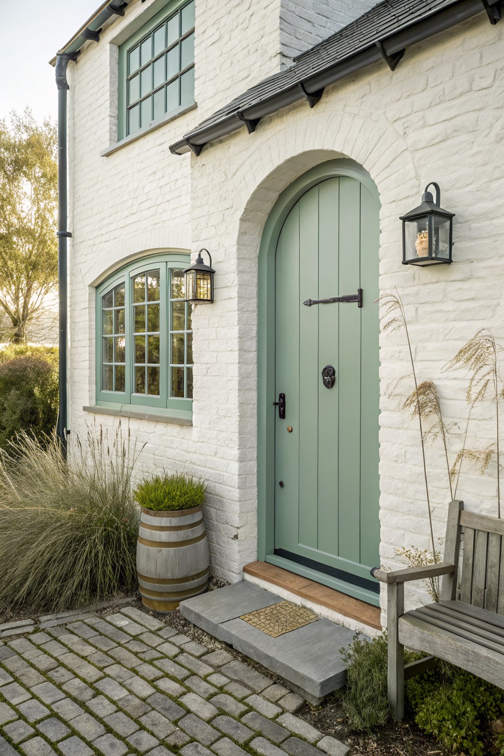 White brick house exterior with a sage green arched front door, black hardware, and lanterns mounted on either side of the entry.