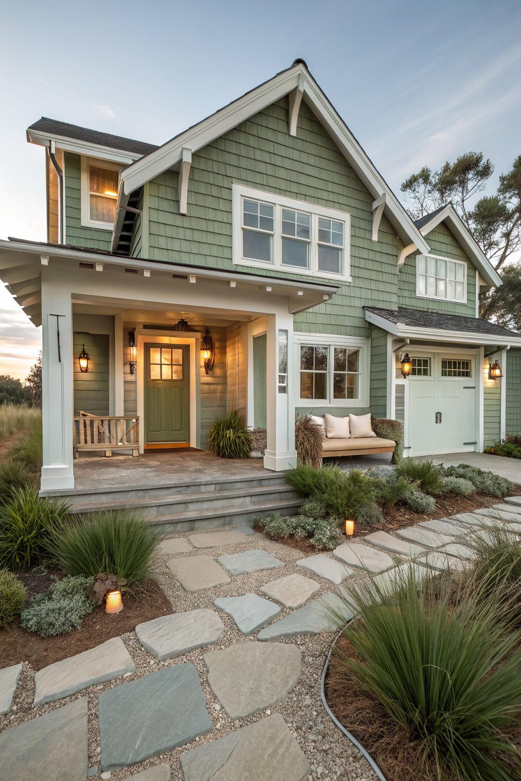 A two-story coastal cottage with sage green shingle siding, white trim, a covered front porch with a green door, and a stone pathway leading to the steps.