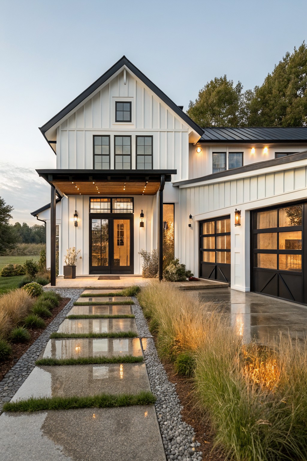 Front view of a modern white farmhouse with black trim, gabled roof, covered entry, and concrete path with grass strips.