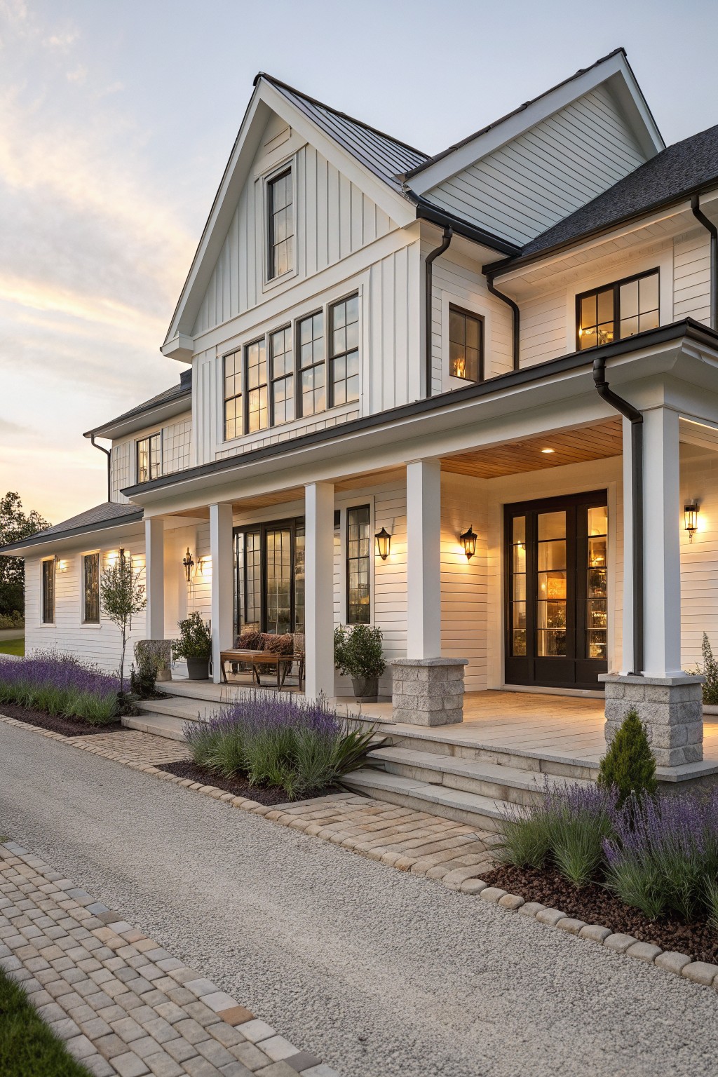 Front view of a two-story white modern farmhouse with black-framed windows and doors, a covered porch with white columns on stone bases, and gravel driveway edging.