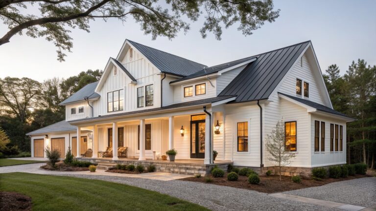 A white modern farmhouse exterior with vertical siding, black-framed windows, a dark metal roof, a covered porch with white columns, and stone steps leading to a wooden front door.