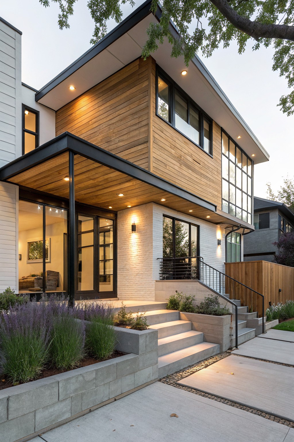 A modern two-story house with horizontal wood siding on the upper facade, white brick on the lower section, black-framed windows, and concrete stairs leading to a covered entry.