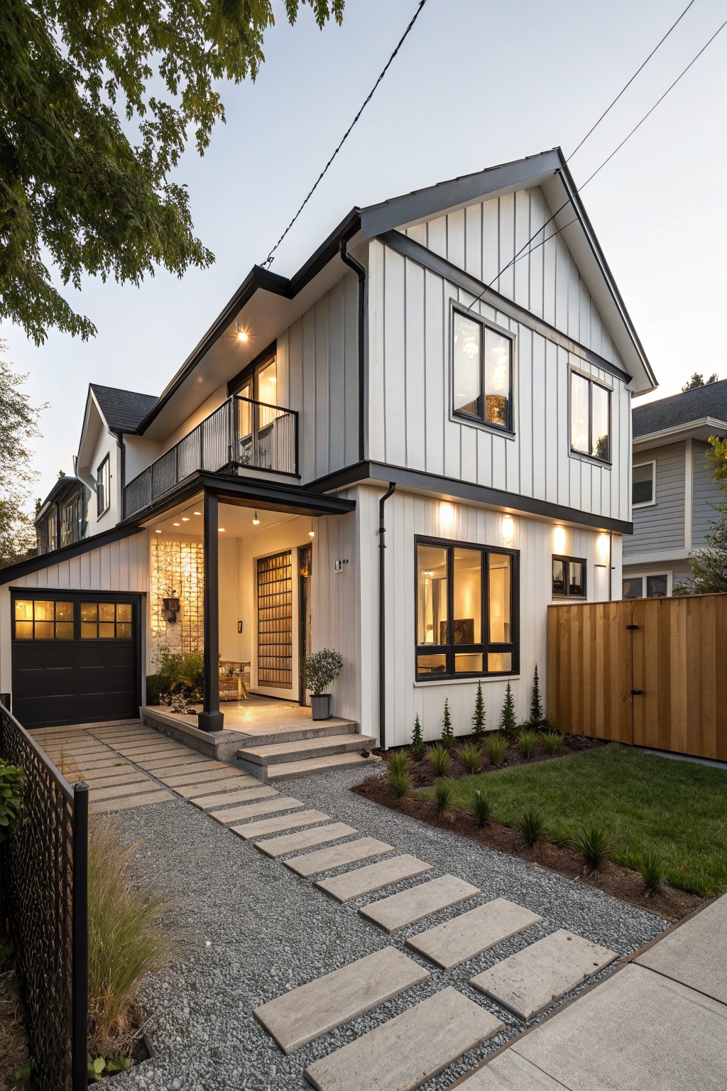 A two-story modern farmhouse with white vertical siding, black trim, large windows, a covered entry, and a gravel path leading to the front steps.